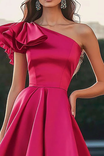 Fuchsia One Shoulder High-Low Satijn A-lijn formele jurk